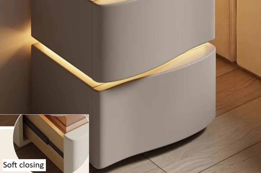 Solid Wooden Leather Bedside Table With LED