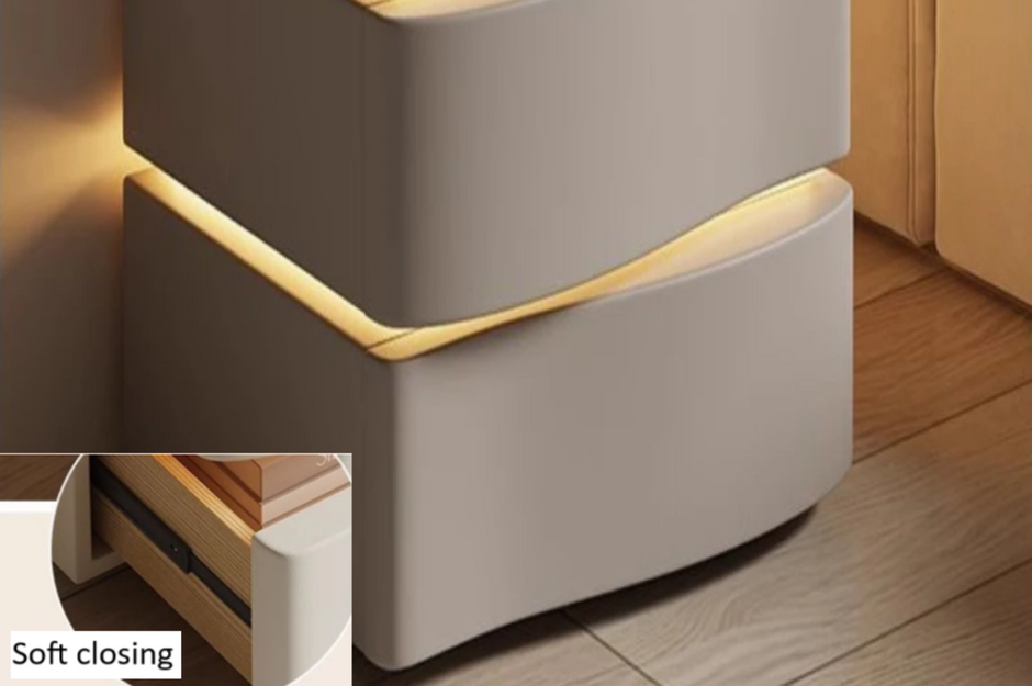 Solid Wooden Leather Bedside Table With LED