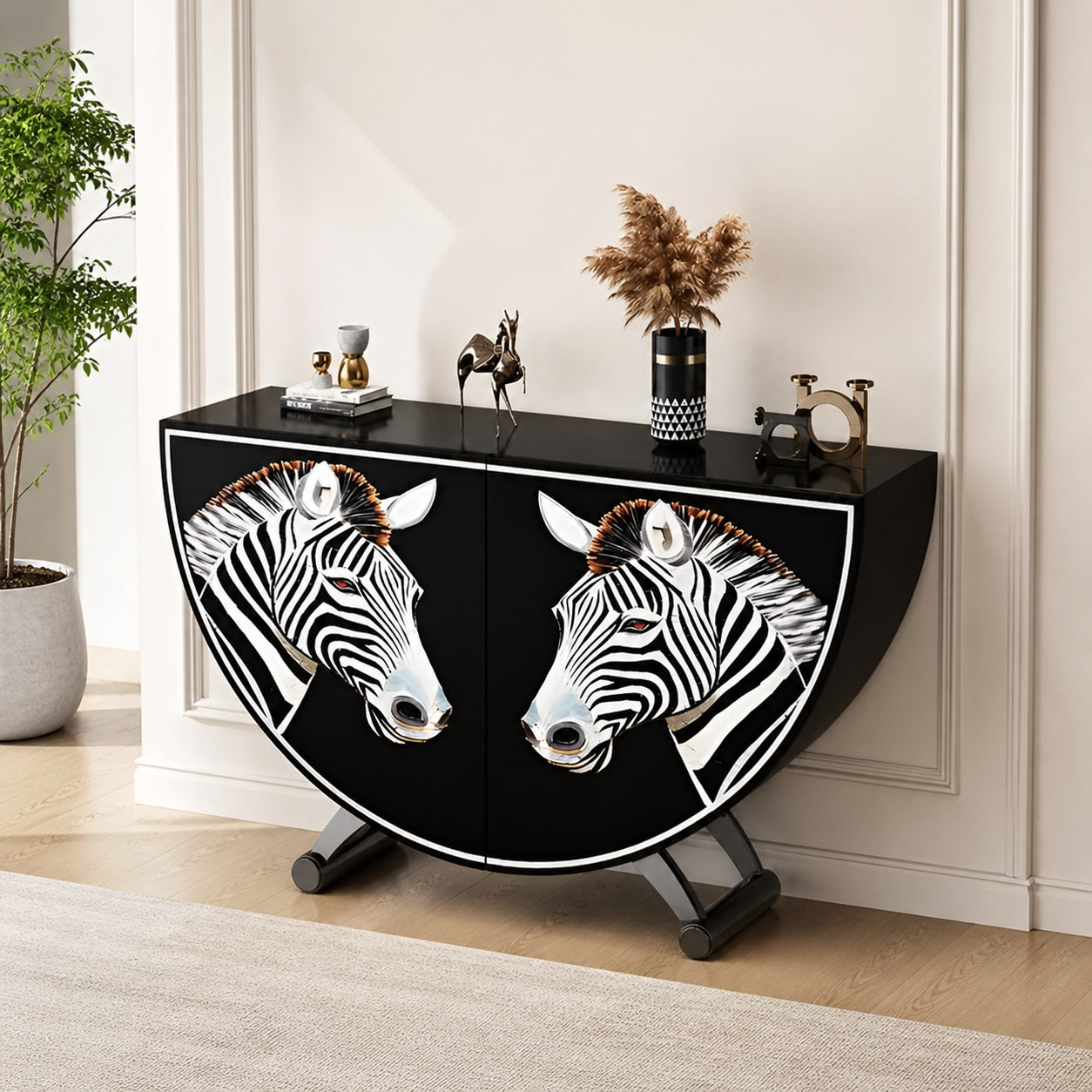 Painted Zebra Wooden Buffet Table With Storage / Ruchi