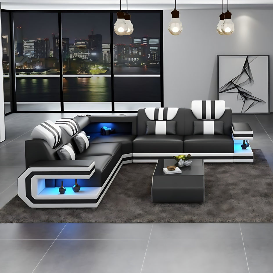 Power Reclining LED Leather Sectional Sofa / Ruchi