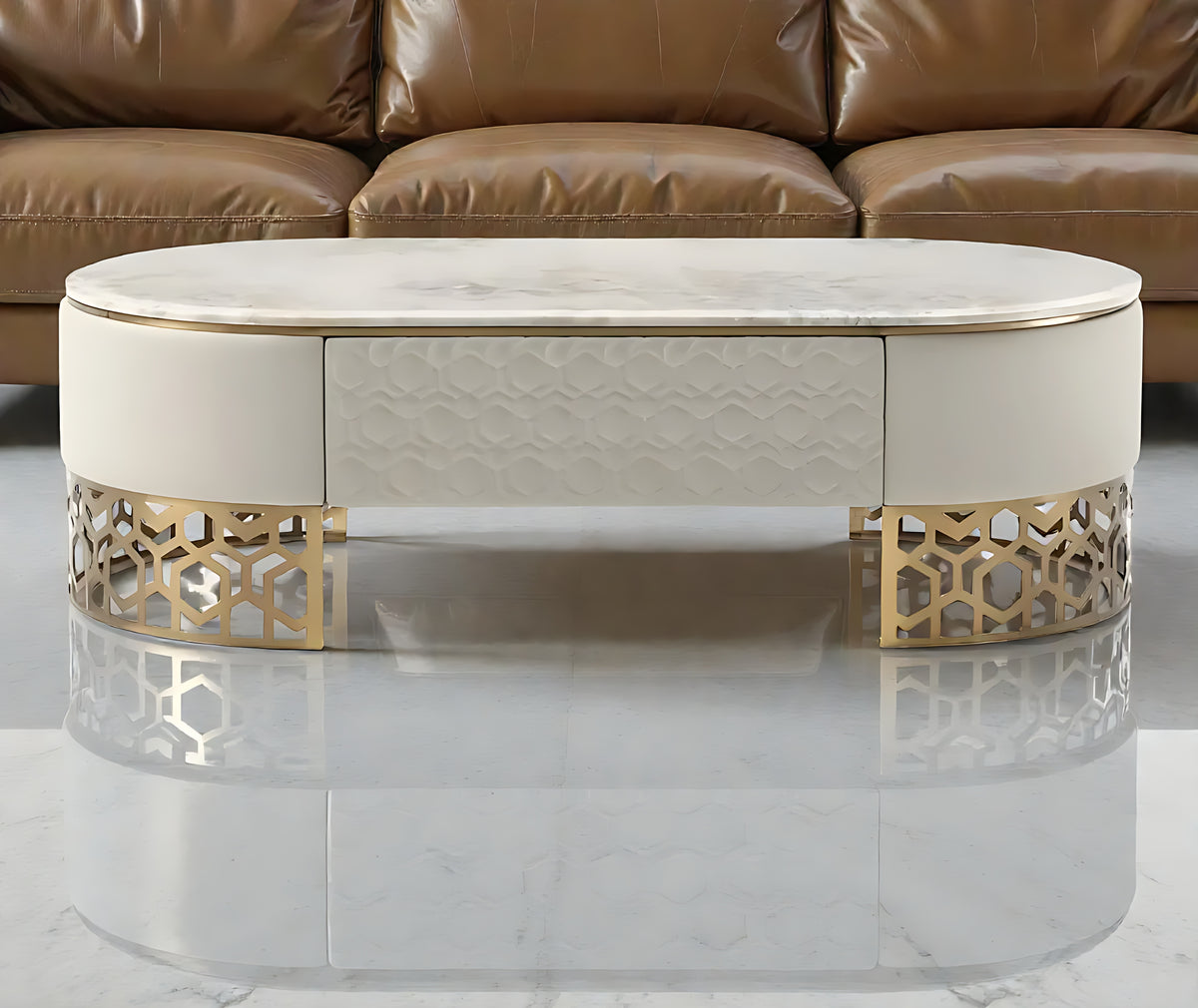 Modern Marble Coffee Table With Leather Upholstery / Ruchi