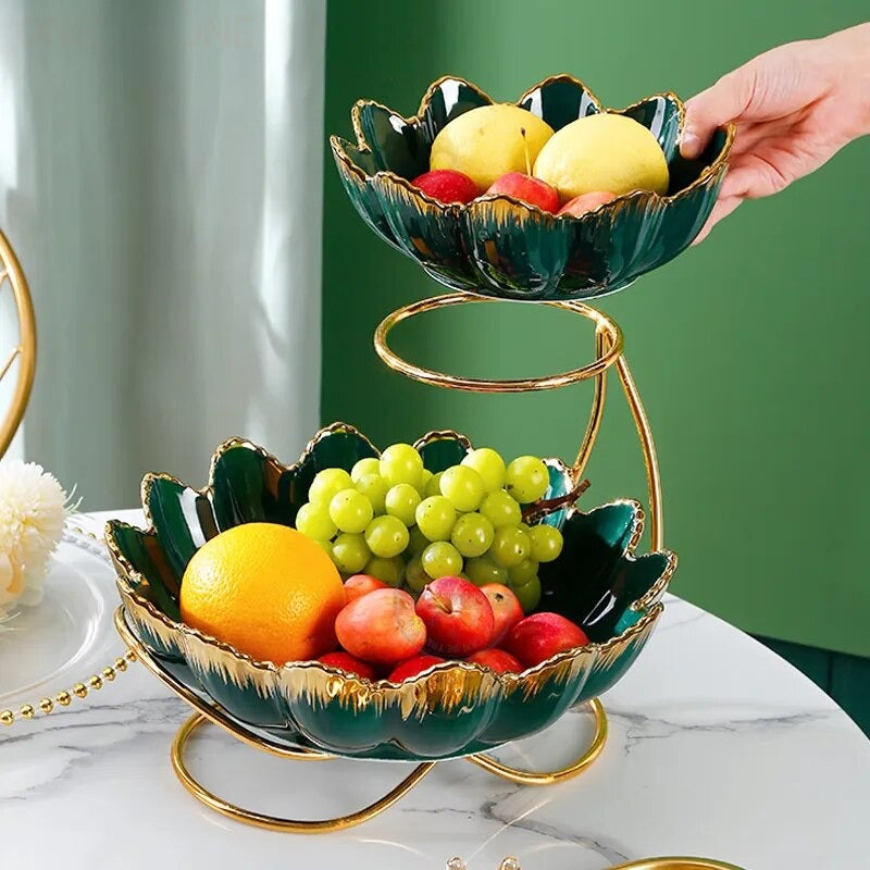 2-Tier Metal Fruit Stand With 2 Porcelain Bowls / Ruchi