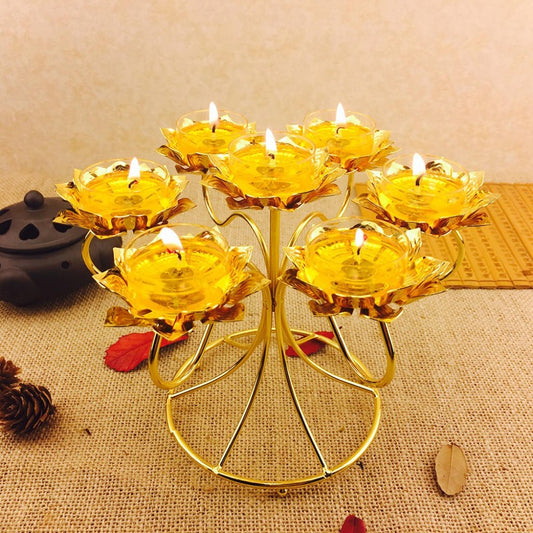 Elegant Lotus Design Golden Finish 7 Pc Candle Holders / Ruchi