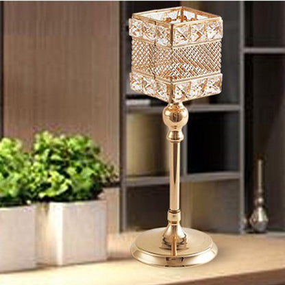 Sumptuous Crystal Gold Brushed Metal Square Candle Holder / Ruchi