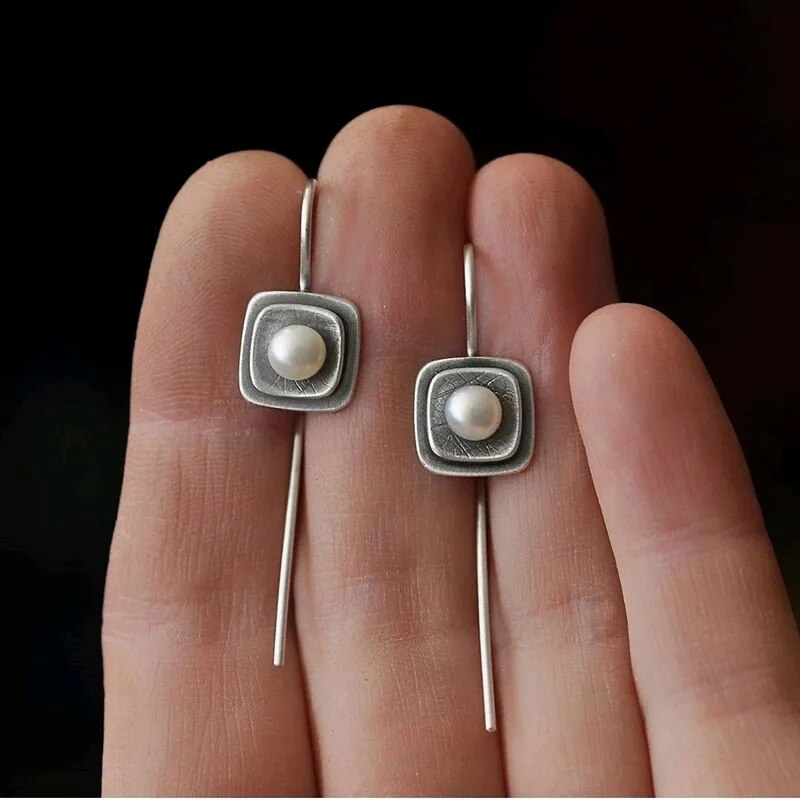 1 Pair Double Layer Square Pearl Metal Drop Earrings / Ruchi