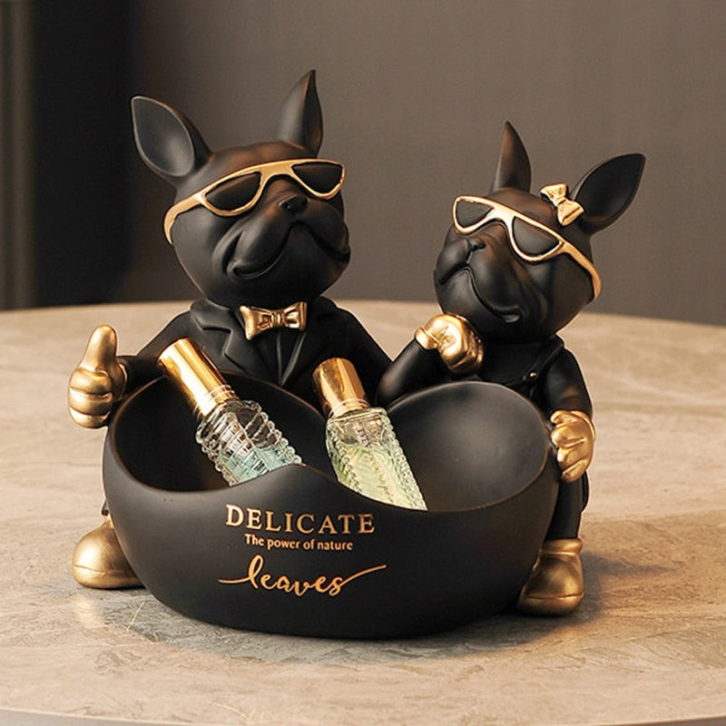 Couple Bulldog Resin Love Statue With Bowl / Ruchi