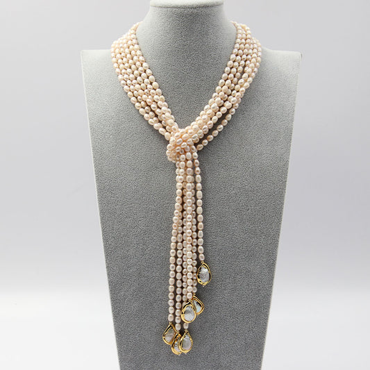 Lariat Style Women's 6 Rows White Pearl Necklace / Ruchi
