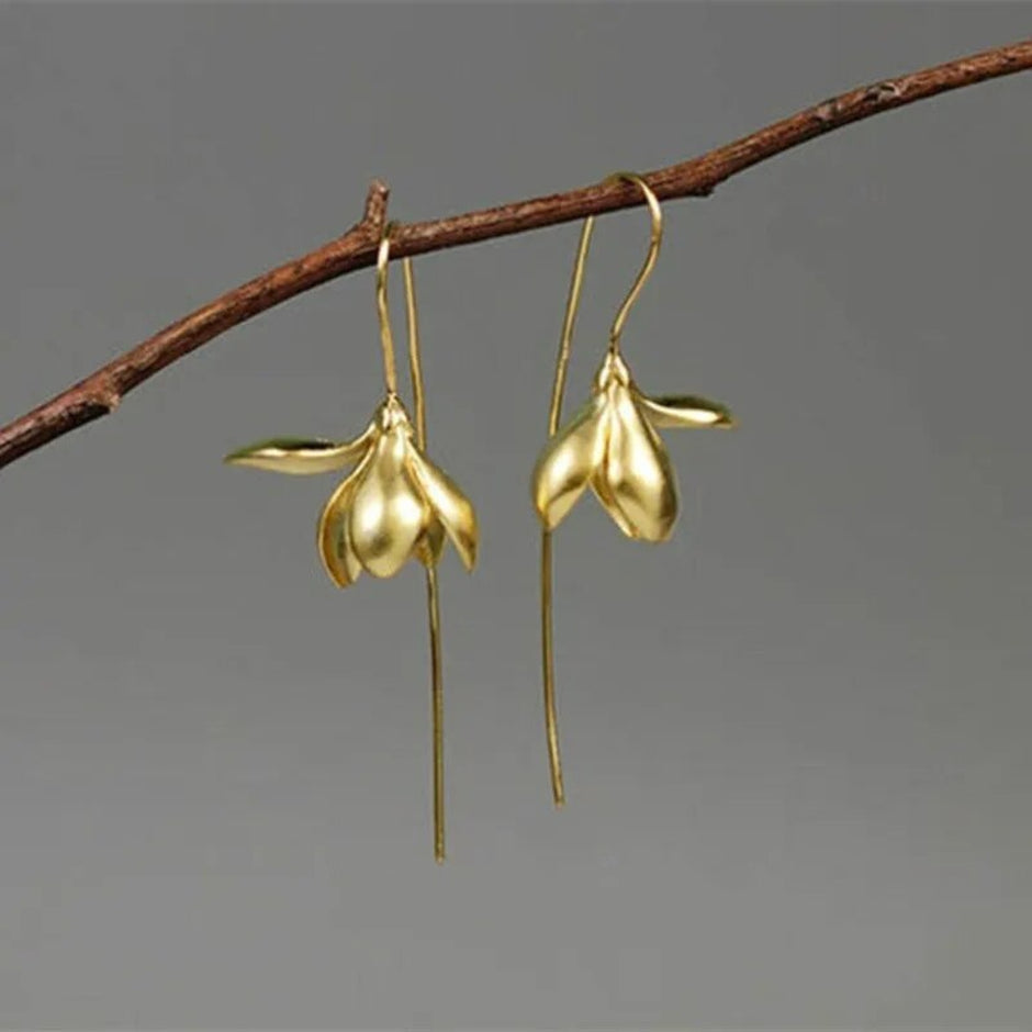 Magnolia Flower Design Metal Drop Earrings / Ruchi