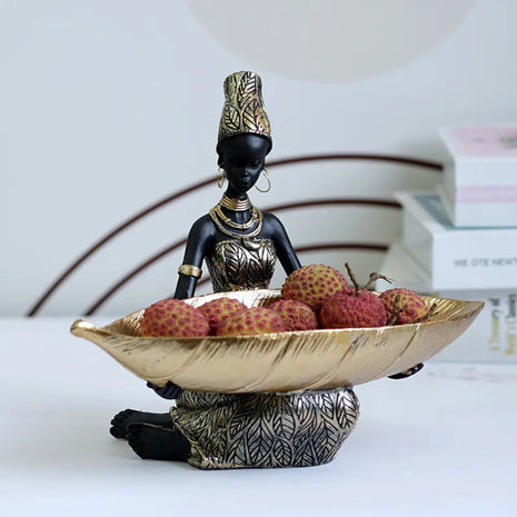 African Lady Resin Showpiece With Leaf Bowl / Ruchi