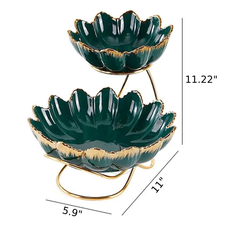 2-Tier Metal Fruit Stand With 2 Porcelain Bowls / Ruchi