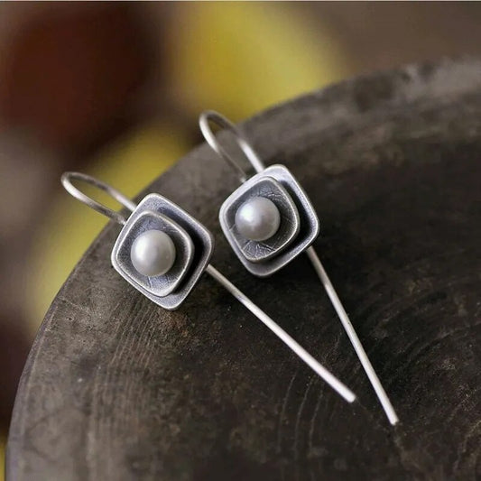 1 Pair Double Layer Square Pearl Metal Drop Earrings / Ruchi