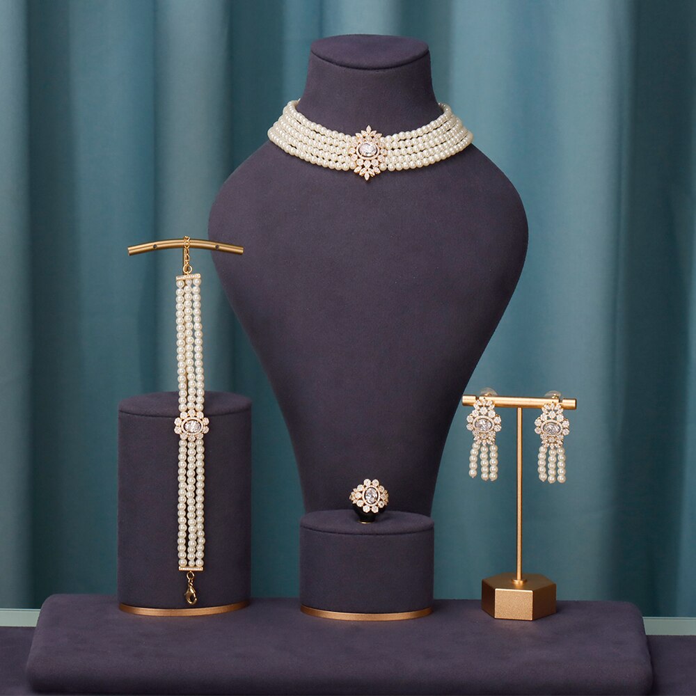 5 Pieces Zirconia Crystal Pearl 5 Layer Choker Necklace Set / Ruchi