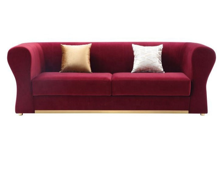 Minimalist Velvet Upholstered 3 Pcs Maroon Sofa Set / Ruchi