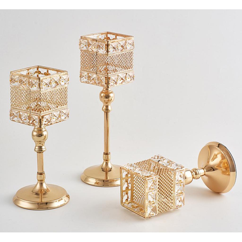 Sumptuous Crystal Gold Brushed Metal Square Candle Holder / Ruchi