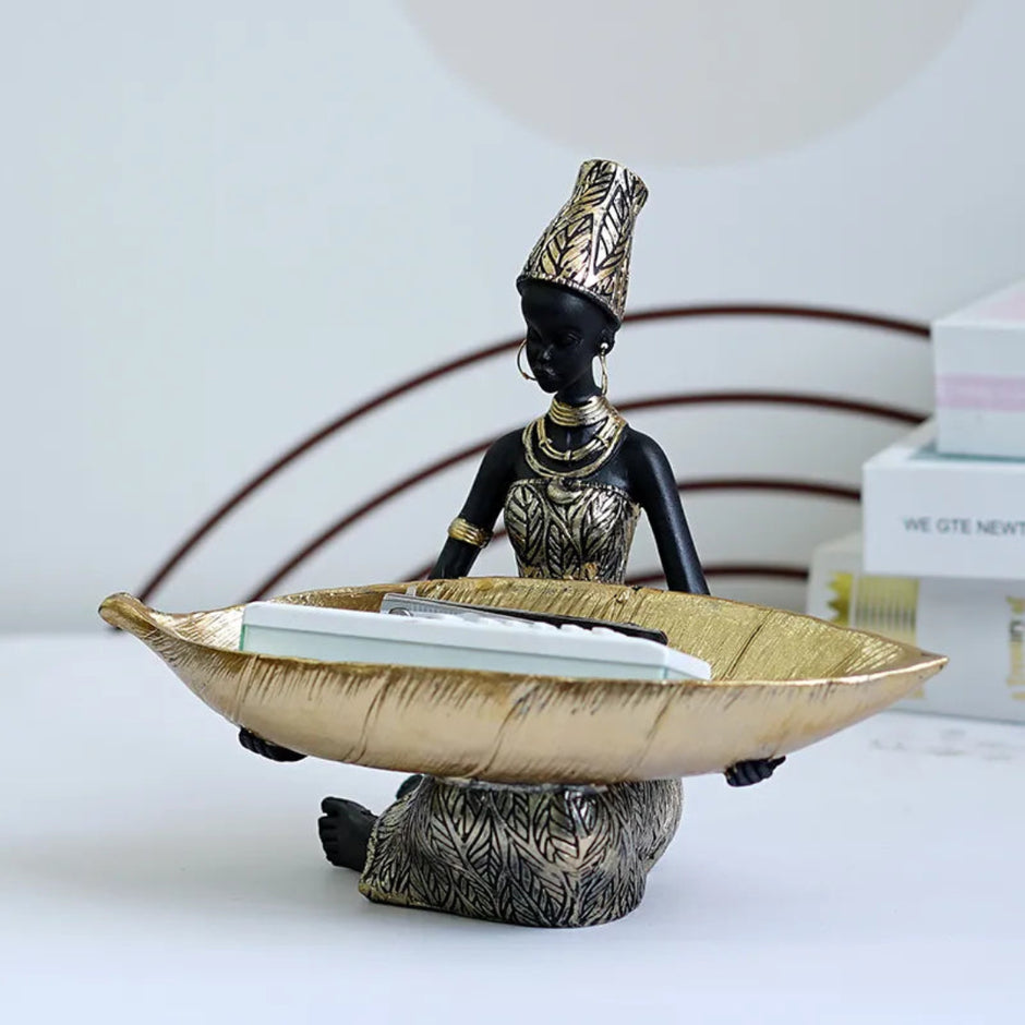 African Lady Resin Showpiece With Leaf Bowl / Ruchi