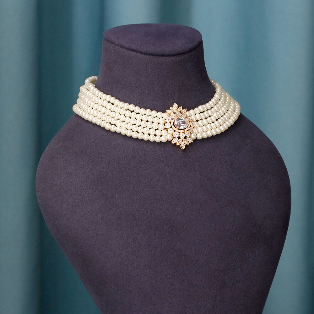 5 Pieces Zirconia Crystal Pearl 5 Layer Choker Necklace Set / Ruchi