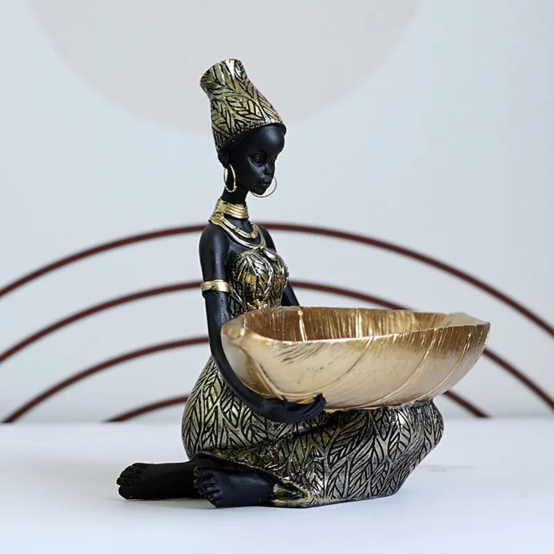 African Lady Resin Showpiece With Leaf Bowl / Ruchi