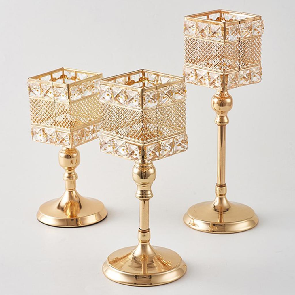 Sumptuous Crystal Gold Brushed Metal Square Candle Holder / Ruchi