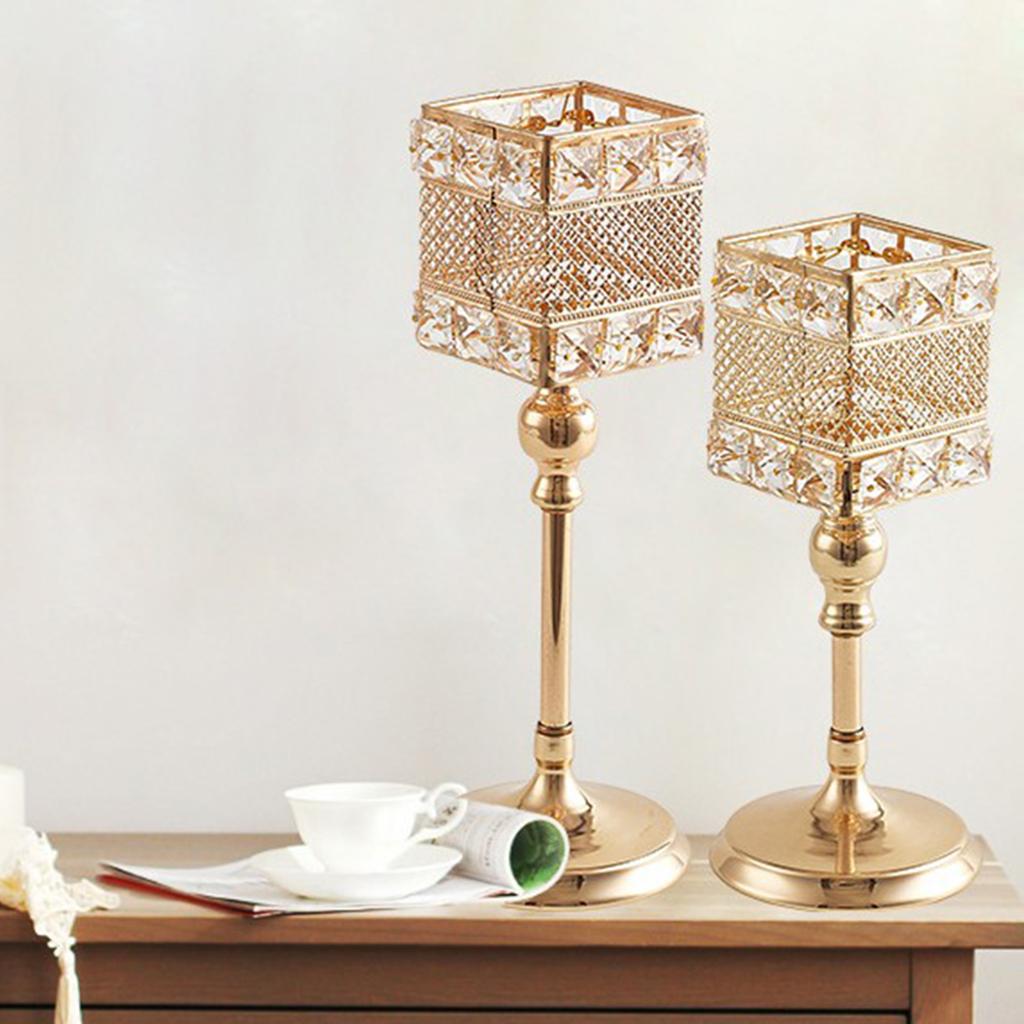 Sumptuous Crystal Gold Brushed Metal Square Candle Holder / Ruchi