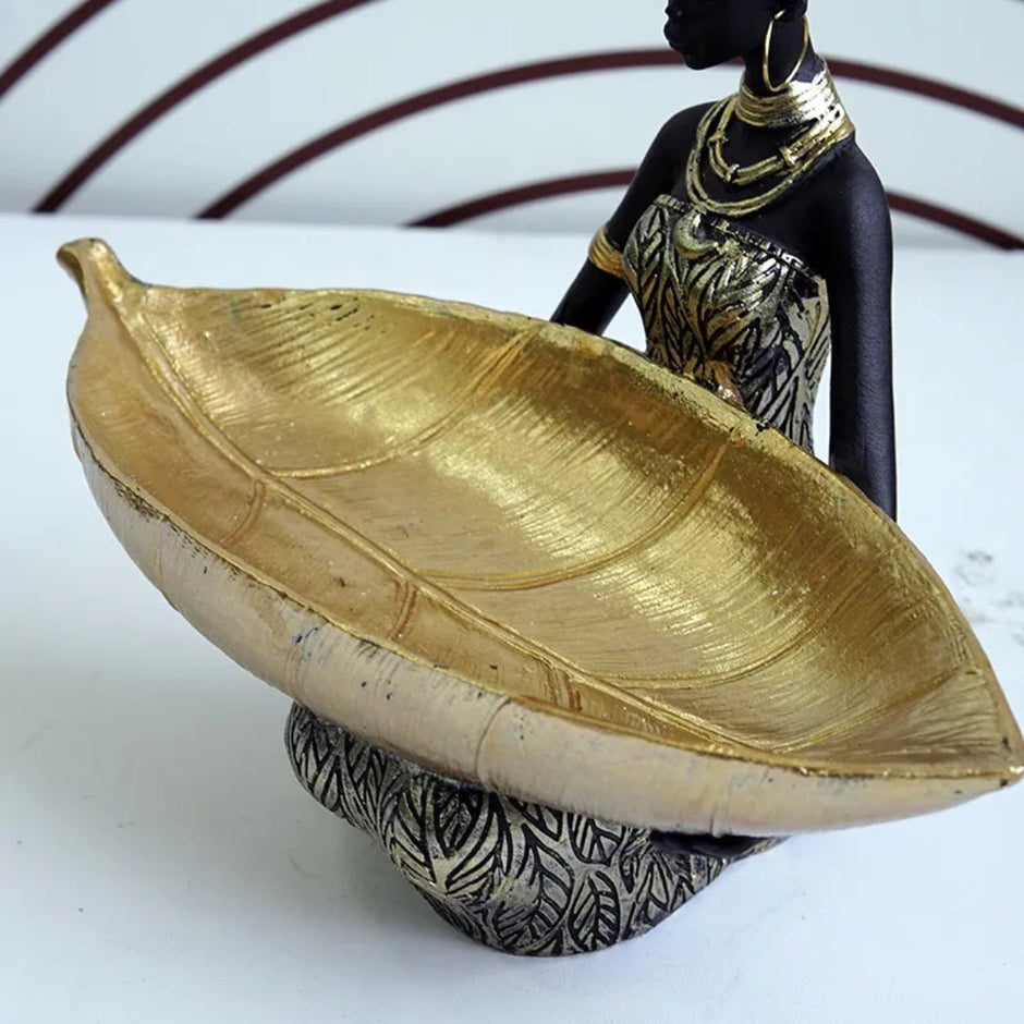 African Lady Resin Showpiece With Leaf Bowl / Ruchi