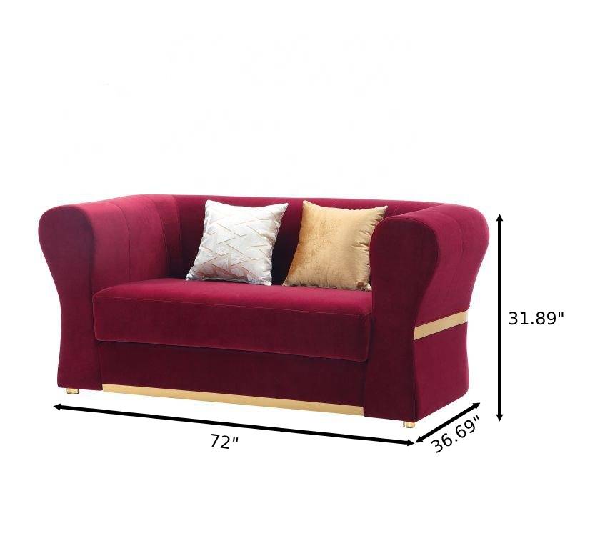 Minimalist Velvet Upholstered 3 Pcs Maroon Sofa Set / Ruchi
