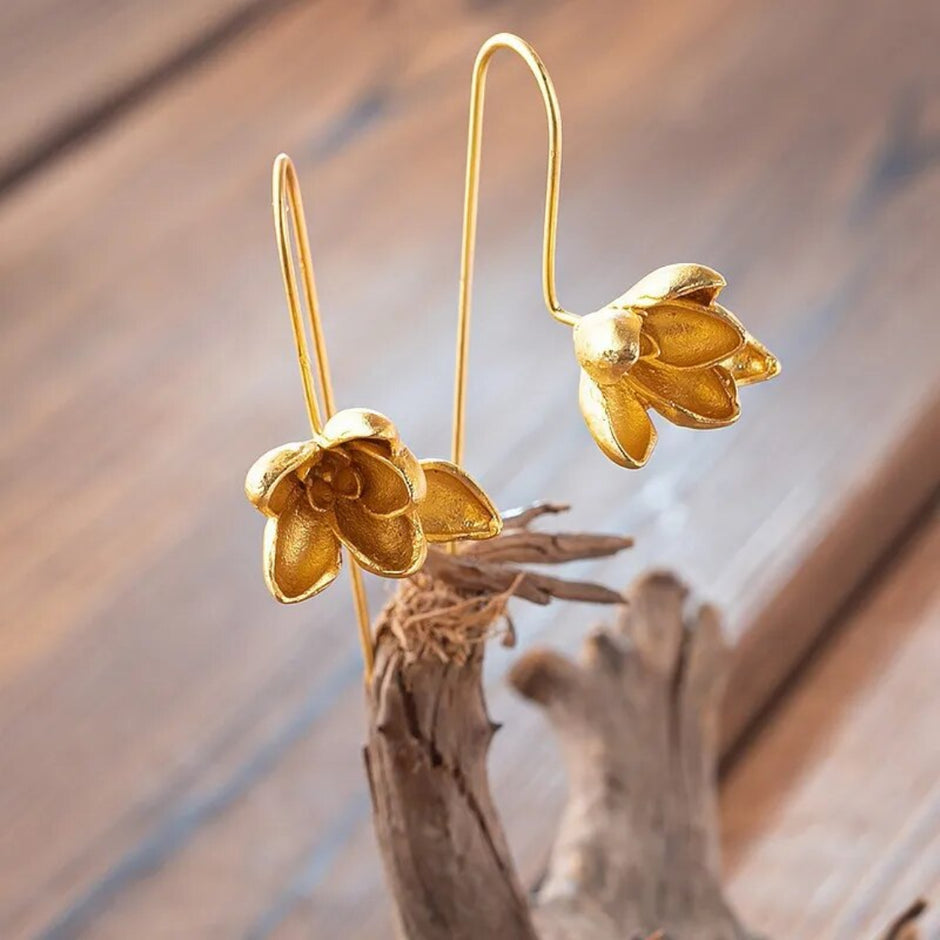 Magnolia Flower Design Metal Drop Earrings / Ruchi