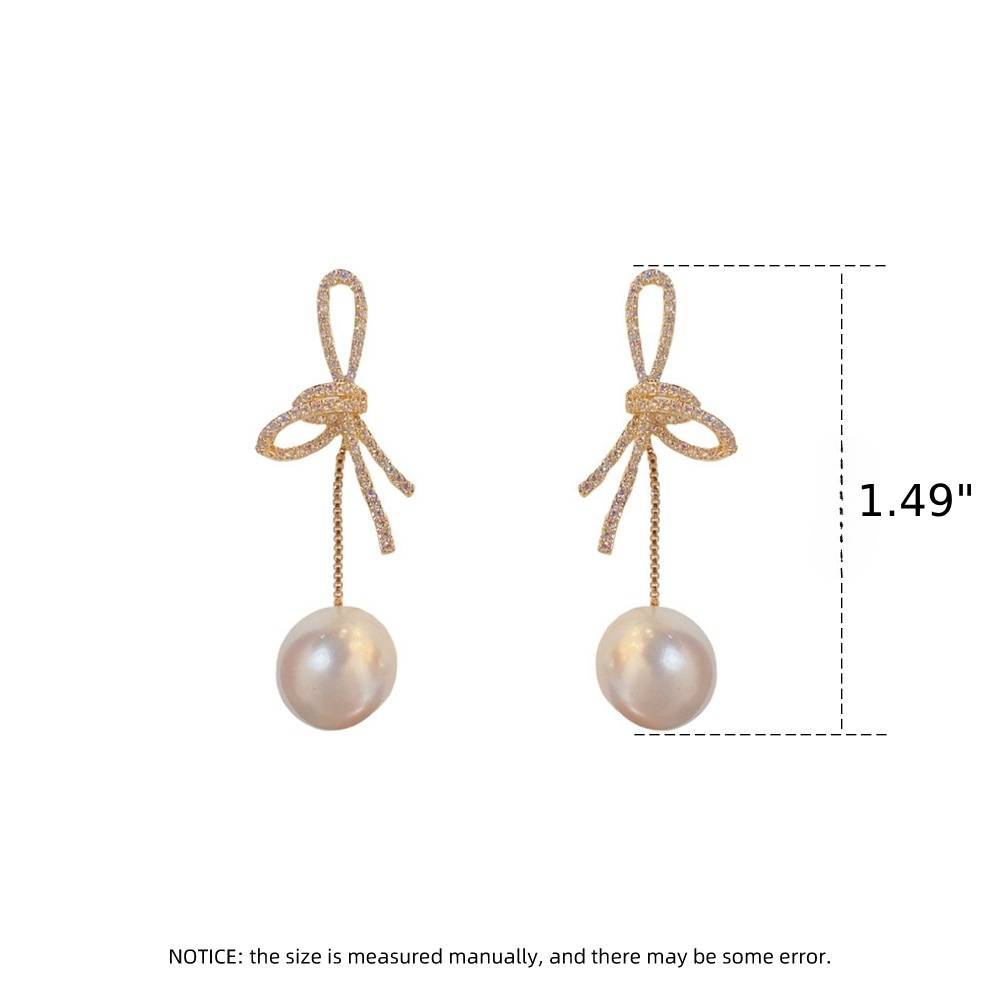 1 Pair Golden Bowknot Pearl Zirconia Metal Earrings / Ruchi