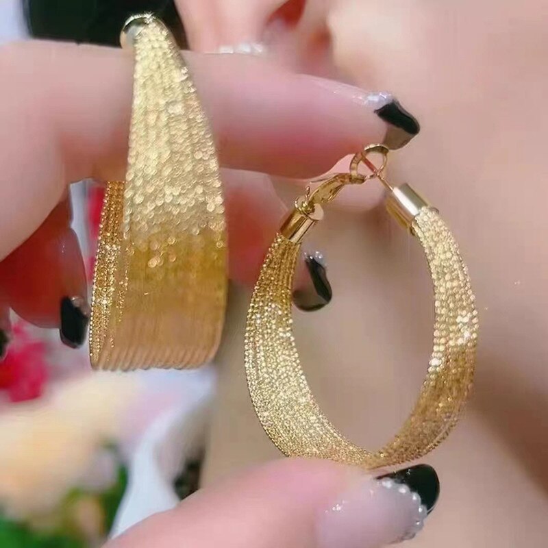 1 Pair Golden Wide Hoop Metal Drop Earrings / Ruchi