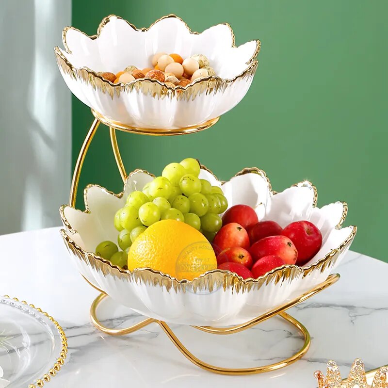 2-Tier Metal Fruit Stand With 2 Porcelain Bowls / Ruchi