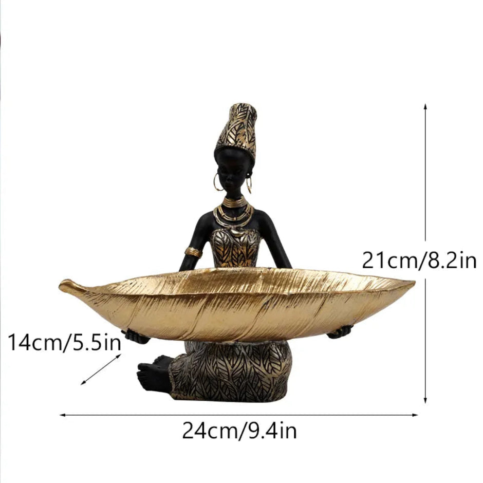 African Lady Resin Showpiece With Leaf Bowl / Ruchi