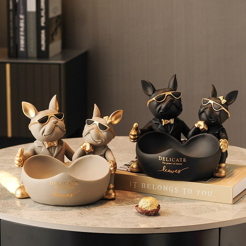 Couple Bulldog Resin Love Statue With Bowl / Ruchi