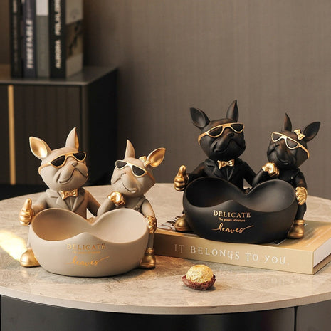 Lovely Couple Bulldog Resin Statue With Bowl / Ruchi