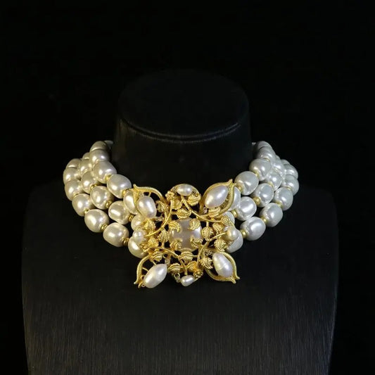 French Vintage Electroplated Pearl Stud Necklace Set / Ruchi