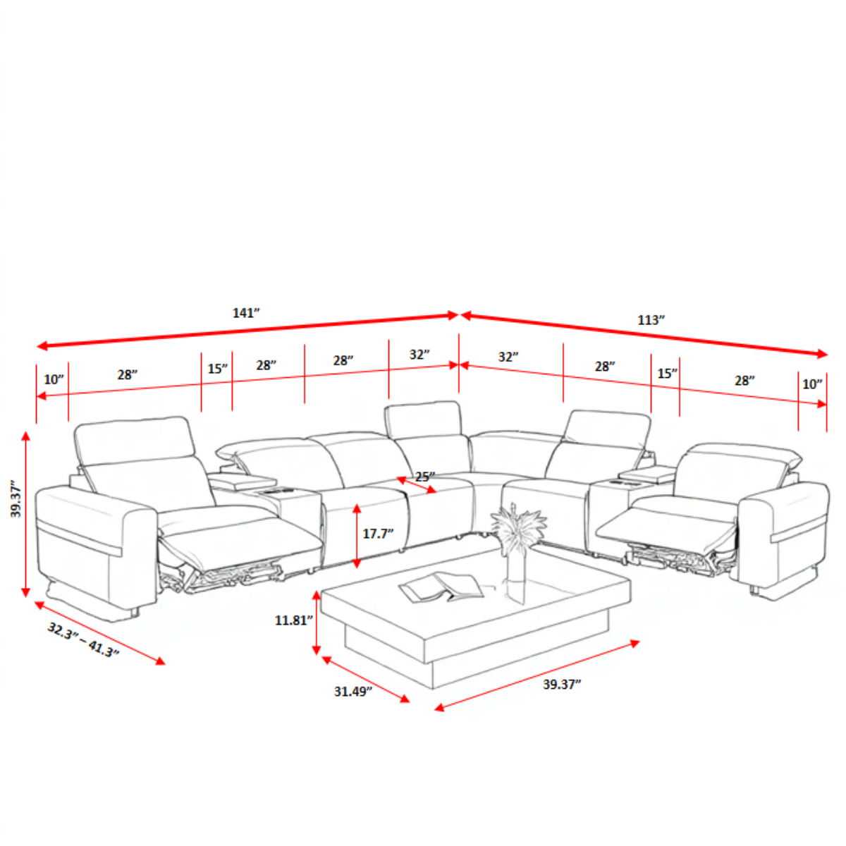 Power Reclining Leather Sectional Sofa With LED / Ruchi