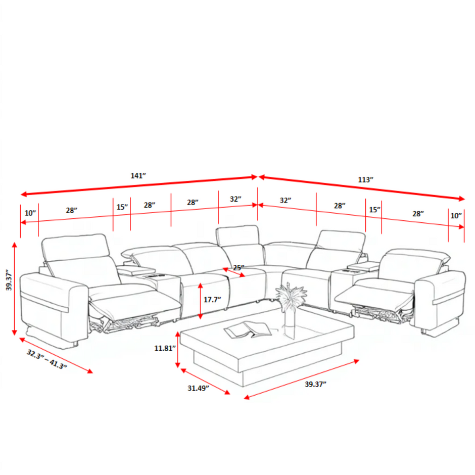 Power Reclining Leather Sectional Sofa With LED / Ruchi