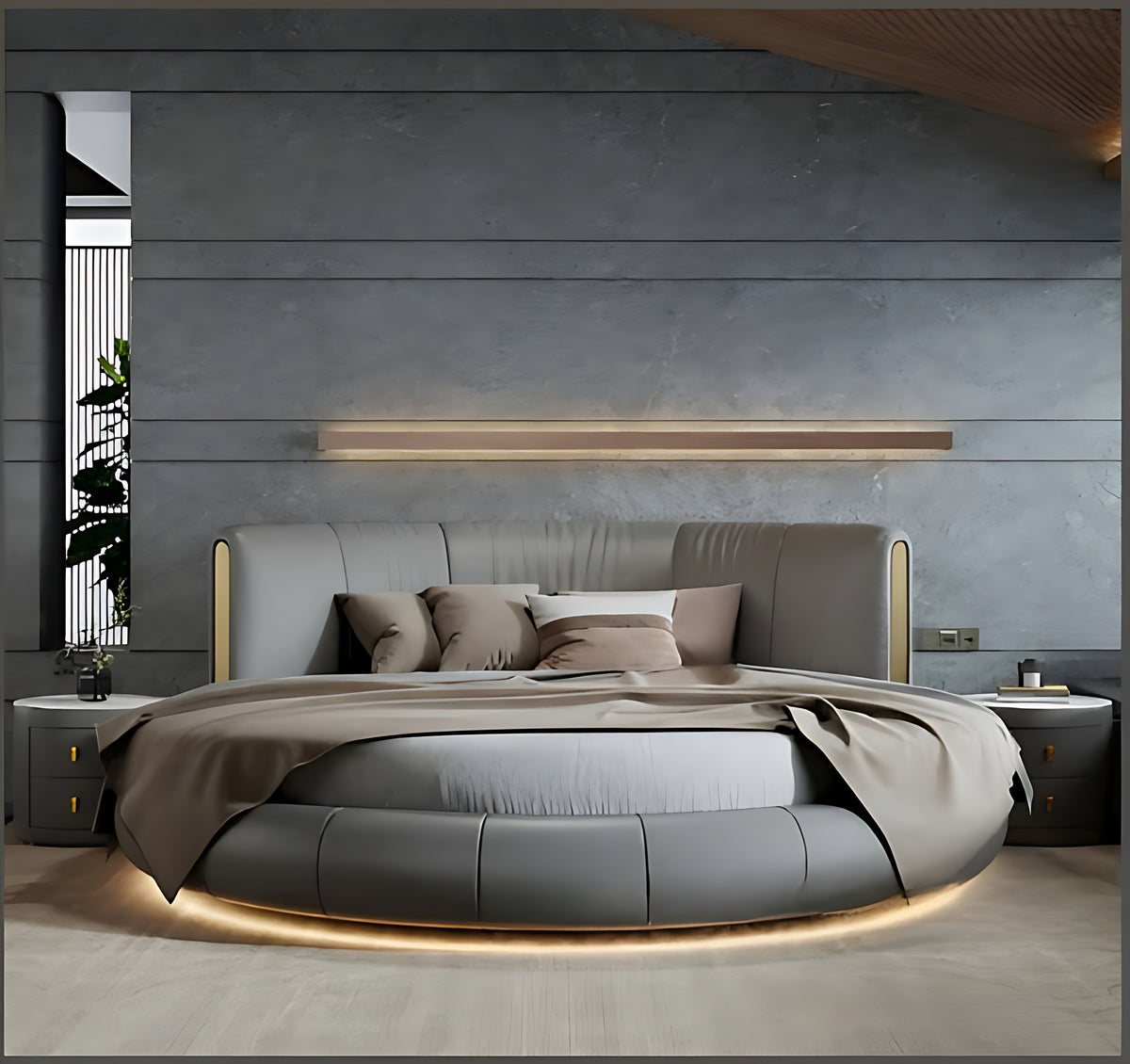 Modern Leather Round Bed With LED Lights / Ruchi