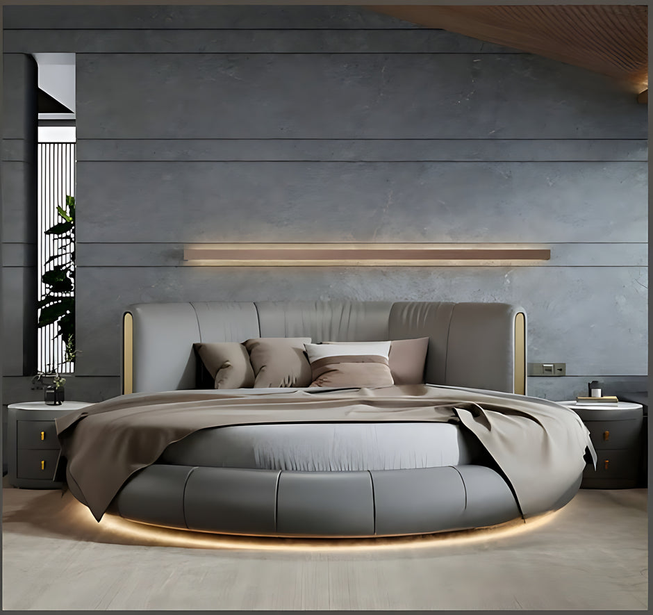 Modern Leather Round Bed With LED Lights / Ruchi