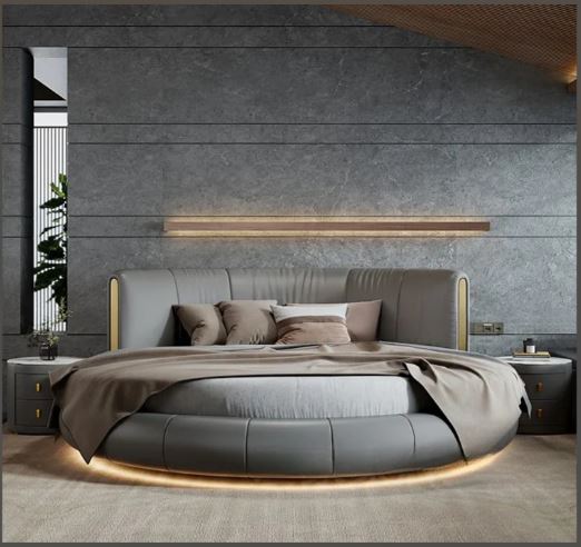 Modern Leather Upholstered LED Strip Wooden Round Bed / Ruchi