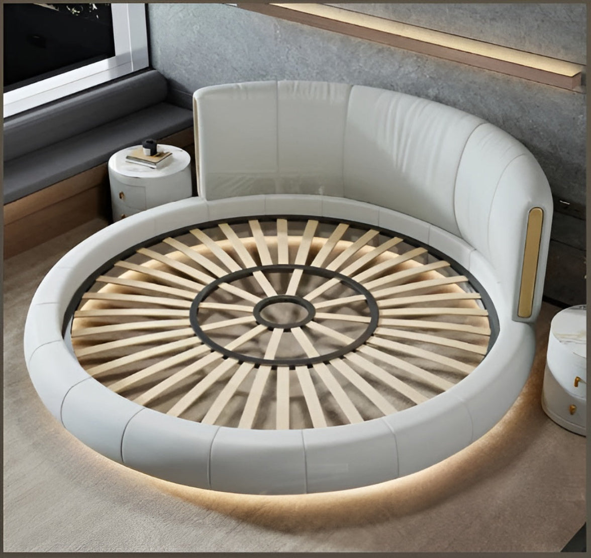 Modern Leather Round Bed With LED Lights / Ruchi
