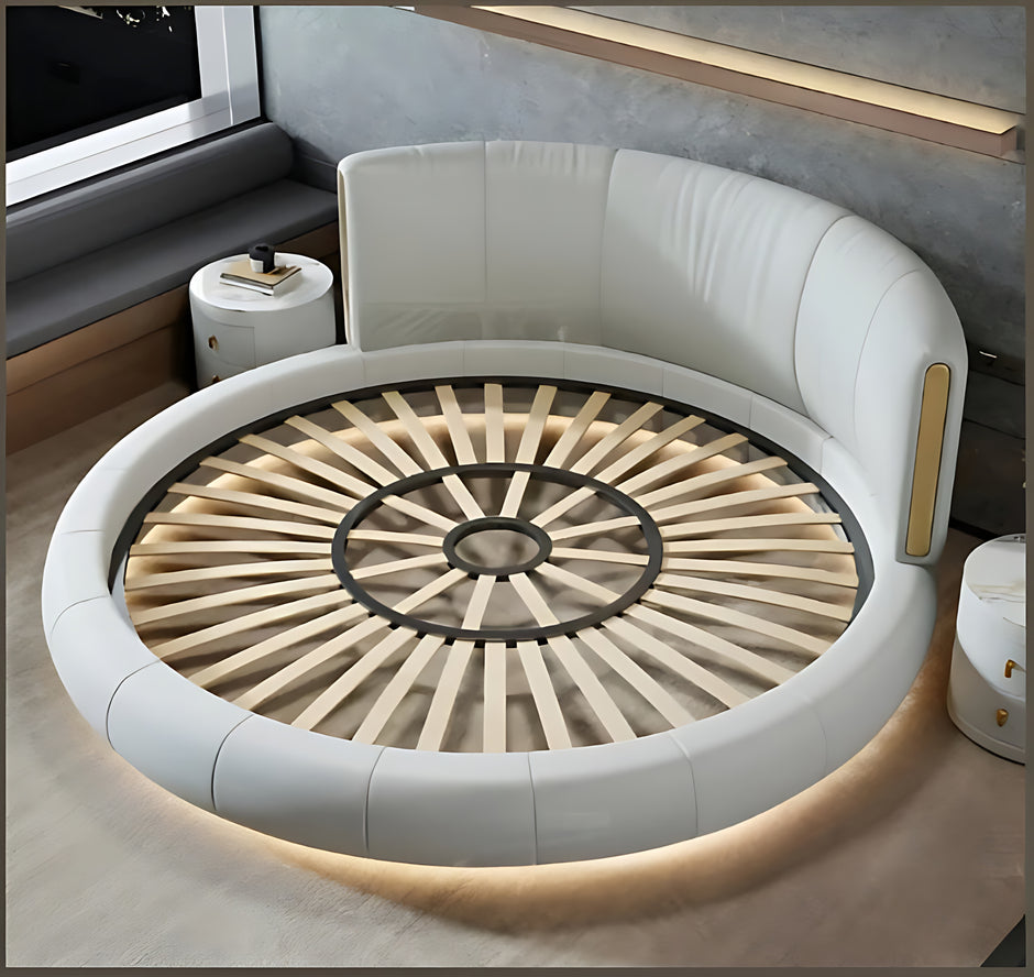Modern Leather Round Bed With LED Lights / Ruchi