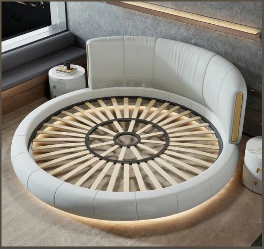 Modern Leather Upholstered LED Strip Wooden Round Bed / Ruchi