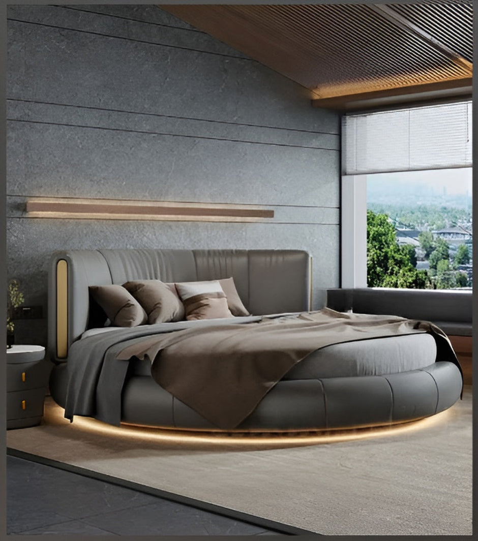 Modern Leather Round Bed With LED Lights / Ruchi