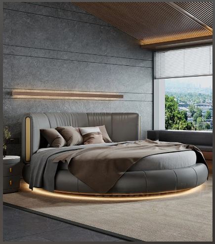 Modern Leather Upholstered LED Strip Wooden Round Bed / Ruchi