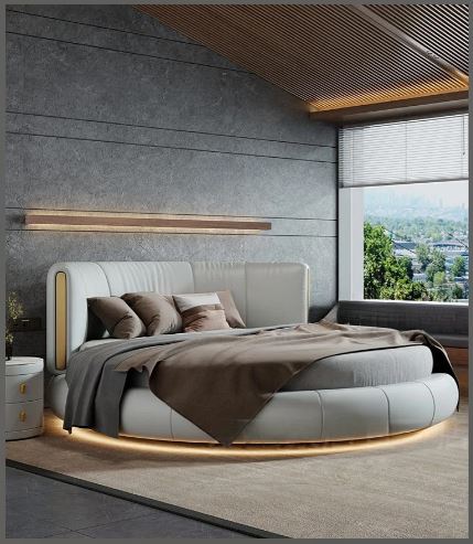 Modern Leather Upholstered LED Strip Wooden Round Bed / Ruchi