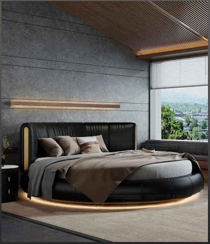 Modern Leather Upholstered LED Strip Wooden Round Bed / Ruchi