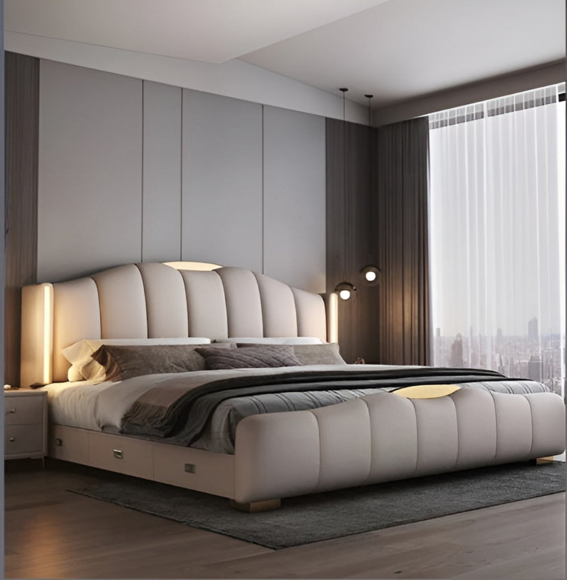 Modern LED Leather Bed With Storage / Ruchi