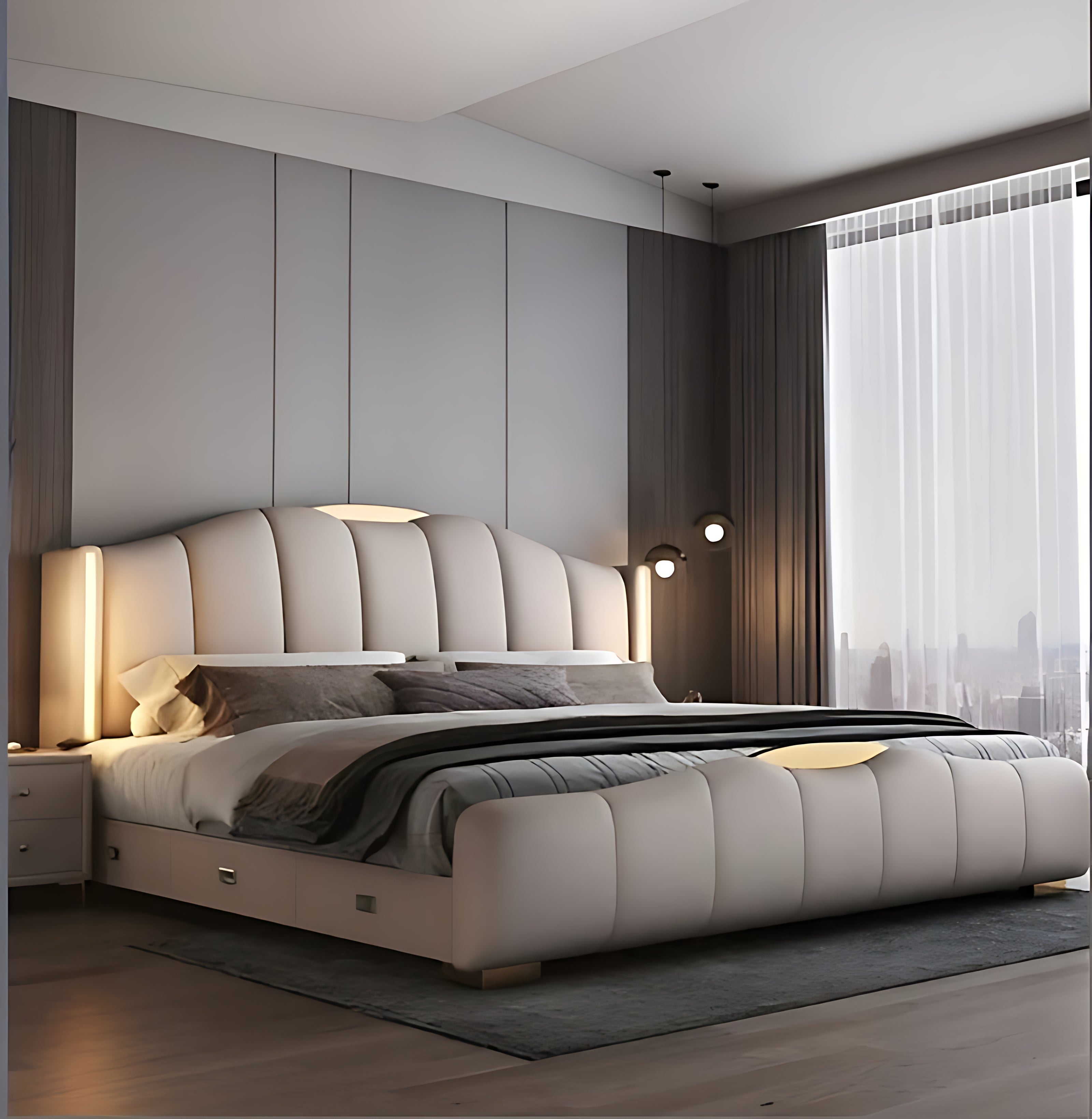 Modern LED Leather Bed With Storage / Ruchi