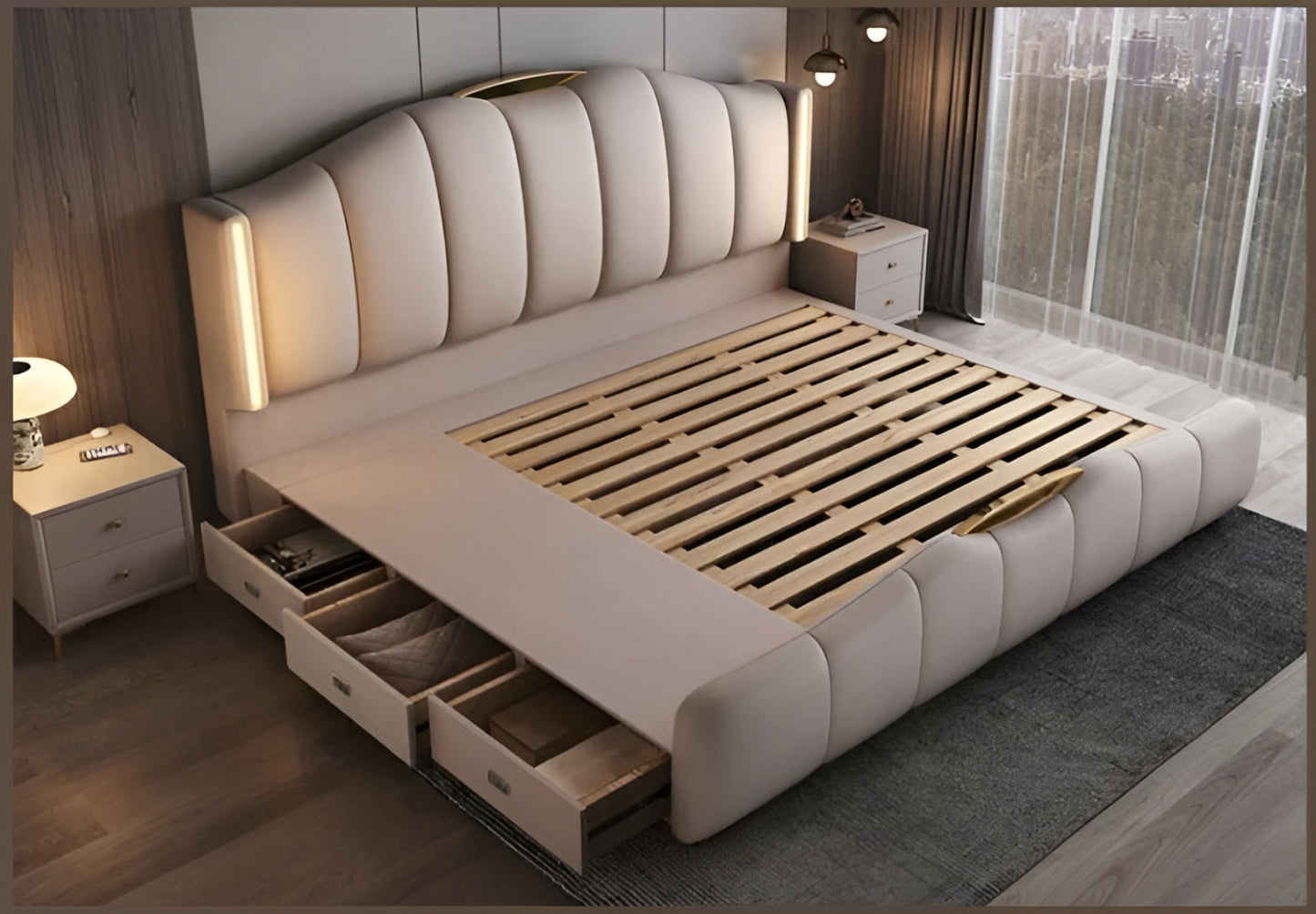 Modern LED Leather Bed With Storage / Ruchi