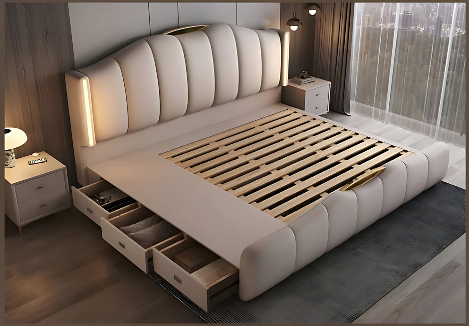 Modern LED Leather Bed With Storage / Ruchi