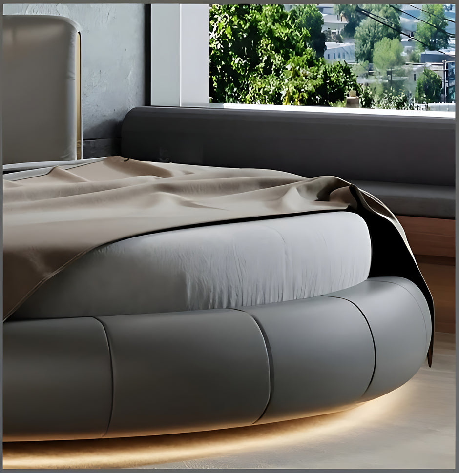 Modern Leather Round Bed With LED Lights / Ruchi